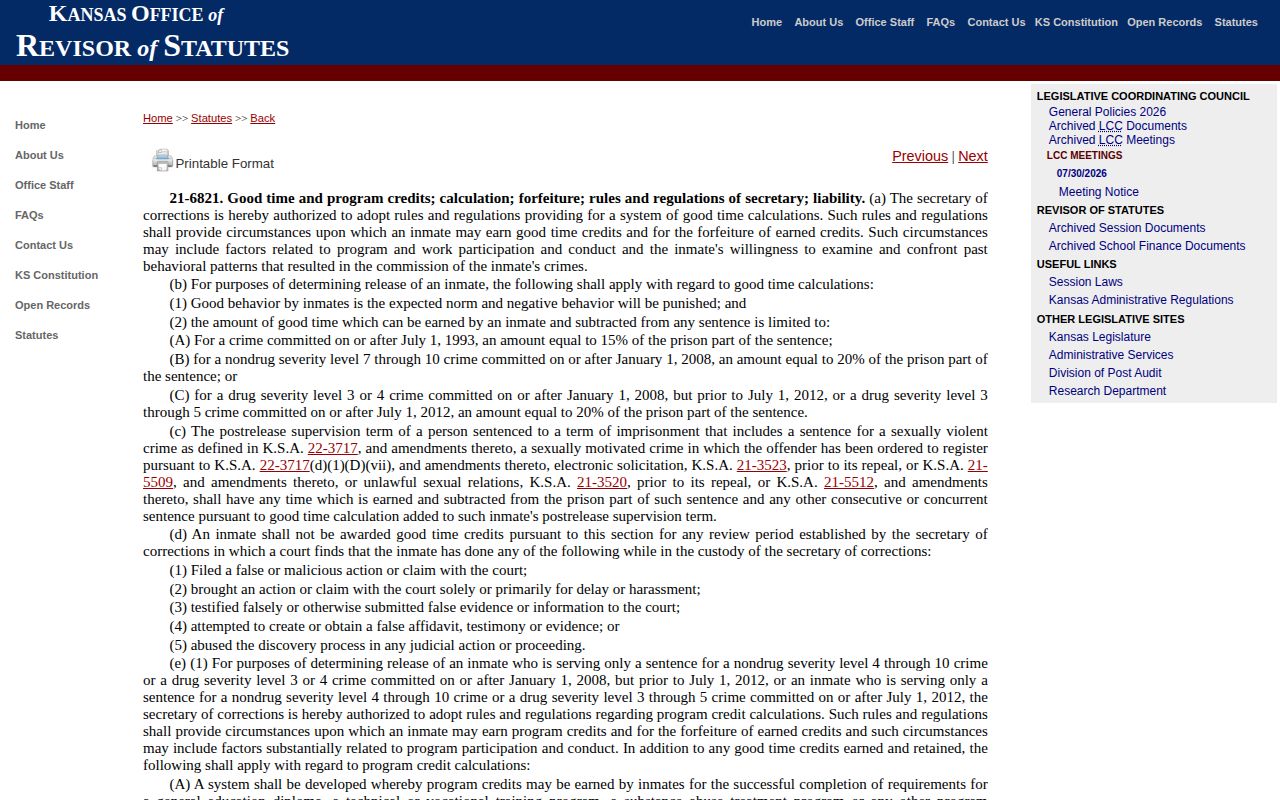 Kansas statute governing good time and program credit