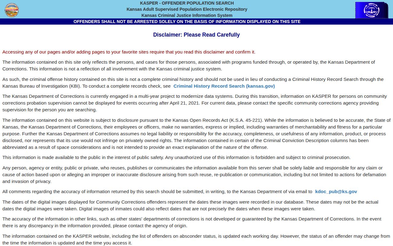 KASPER disclaimer and Kansas corrections search gateway