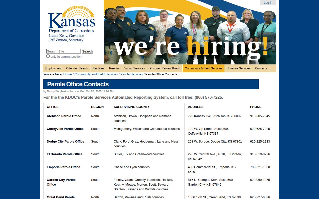 KDOC parole contacts showing Brown County assigned to the Atchison Parole Office