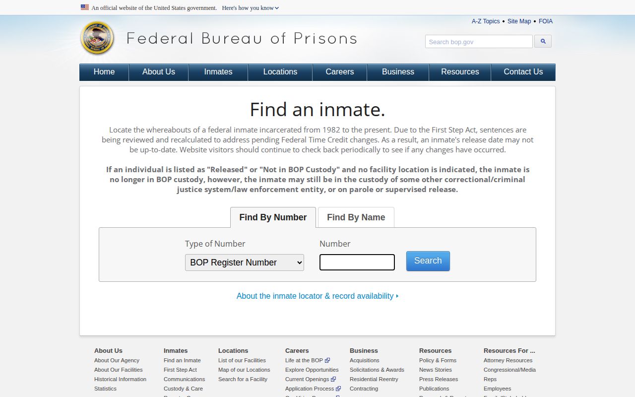 Federal Bureau of Prisons inmate locator release search