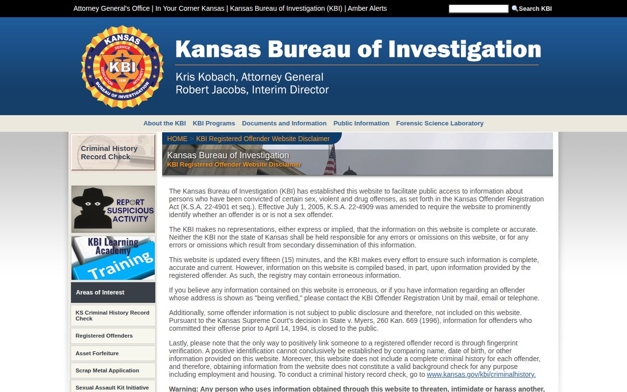 Kansas registered offender search coverage and identity disclaimer